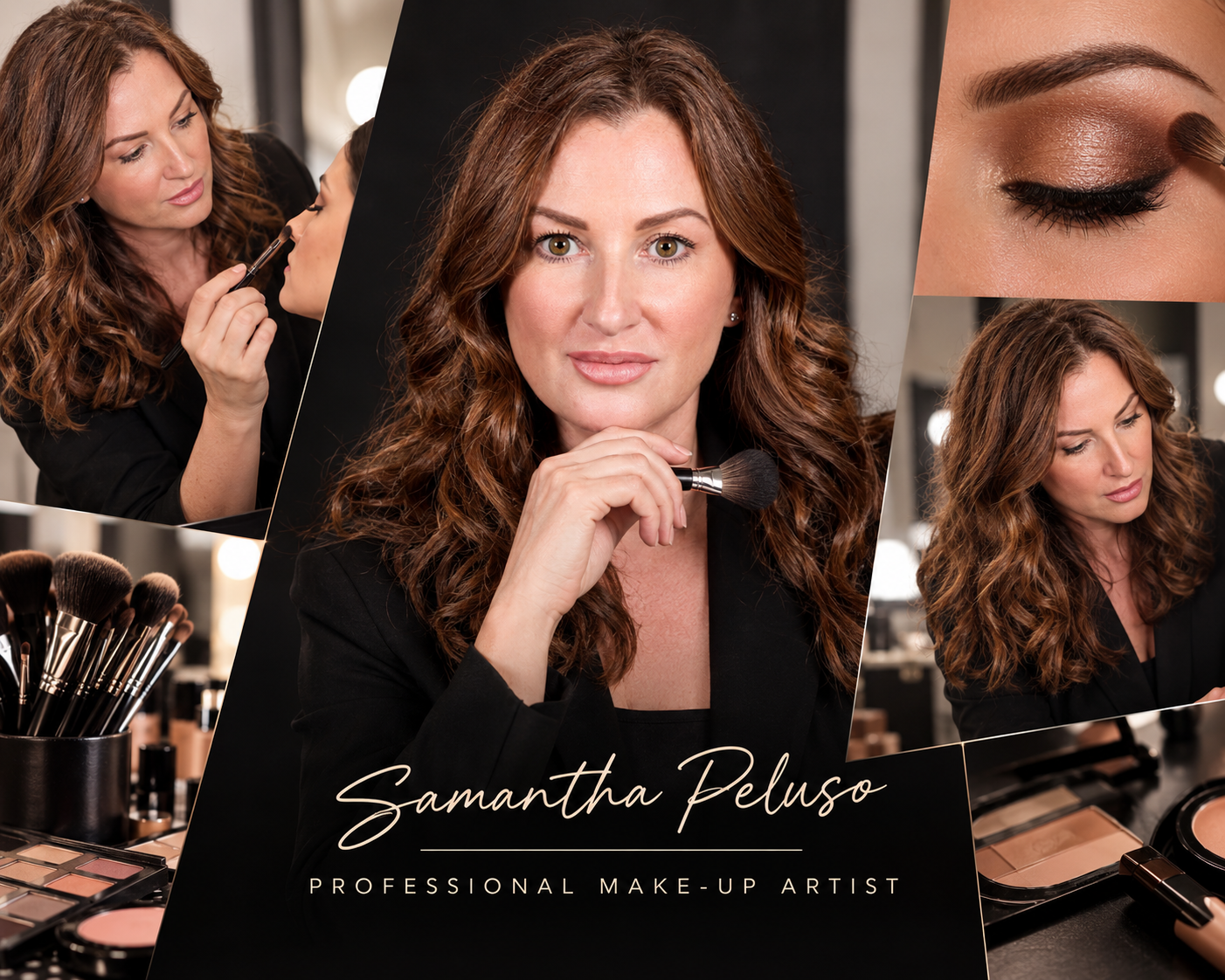 Samantha Peluso, make-up artist profesionist, într-un studio elegant, înconjurată de pensule, palete și produse cosmetice, cu prim-planuri ale machiajului și ale procesului de aplicare a machiajului.