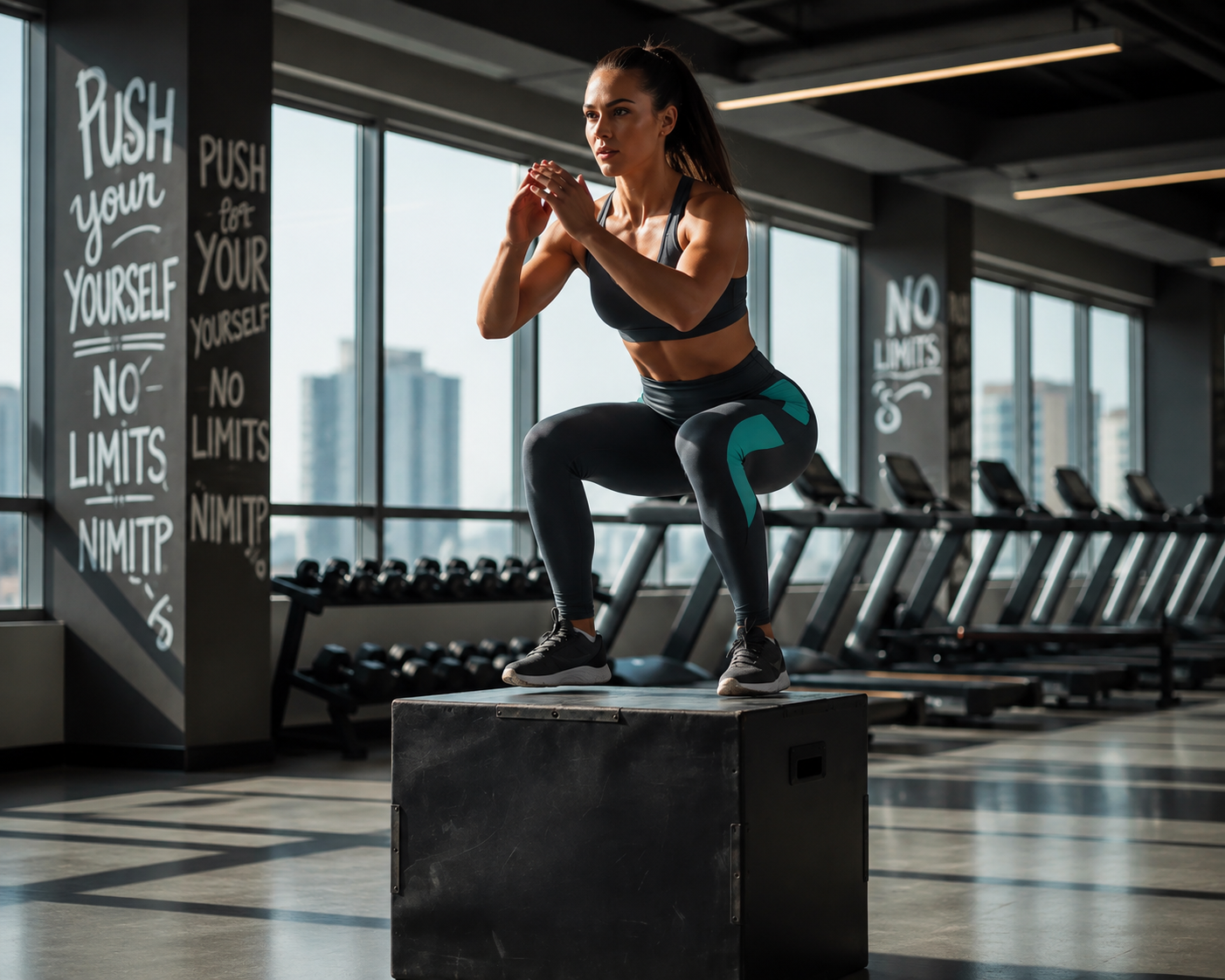 Femeie atletică făcând genuflexiuni pe o platformă în sala de fitness, îmbrăcată în echipament sportiv negru cu accente turcoaz.