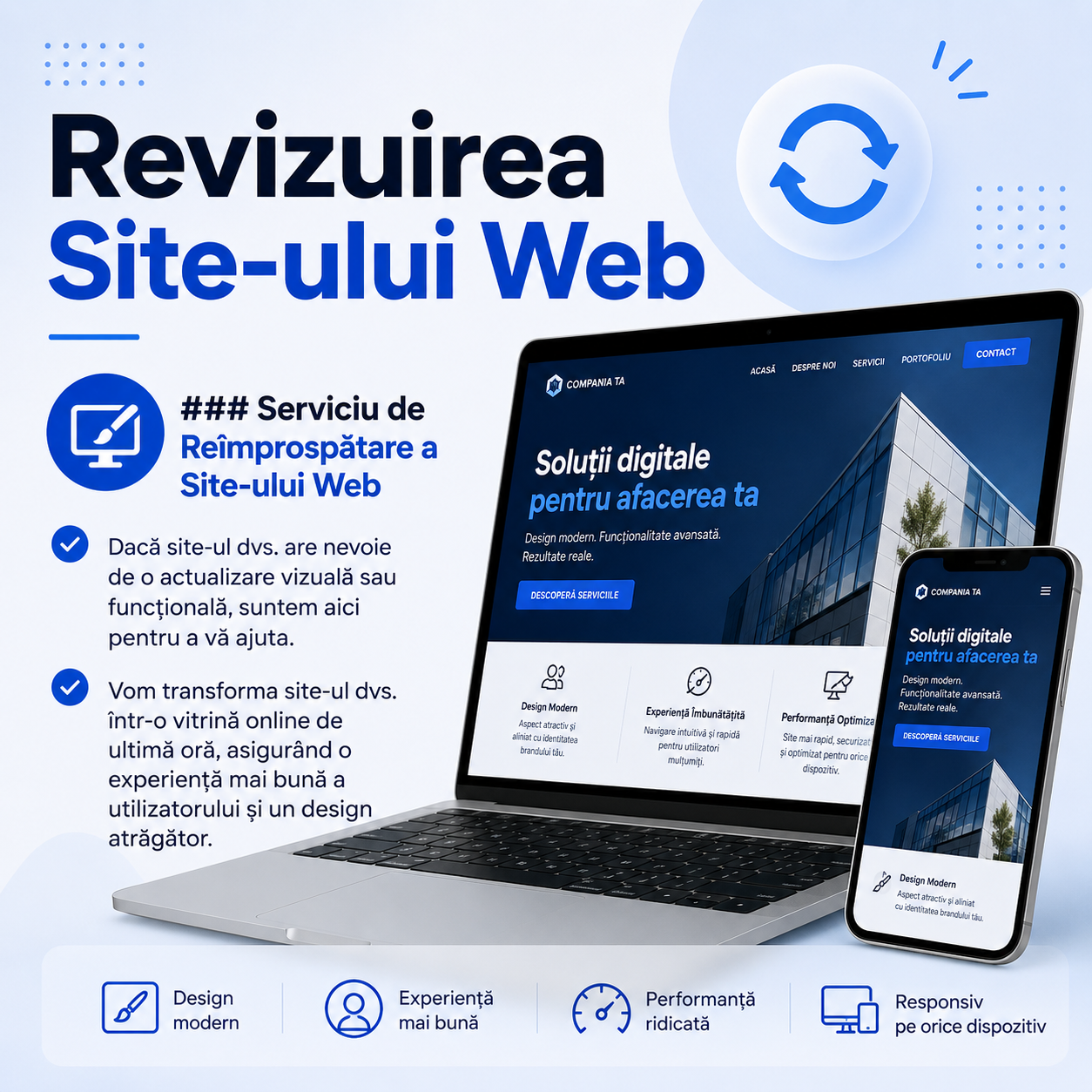 Revizuirea site-ului web – serviciu de reîmprospătare a site-ului pentru actualizarea designului, îmbunătățirea funcționalității și crearea unei experiențe moderne pentru utilizatori.