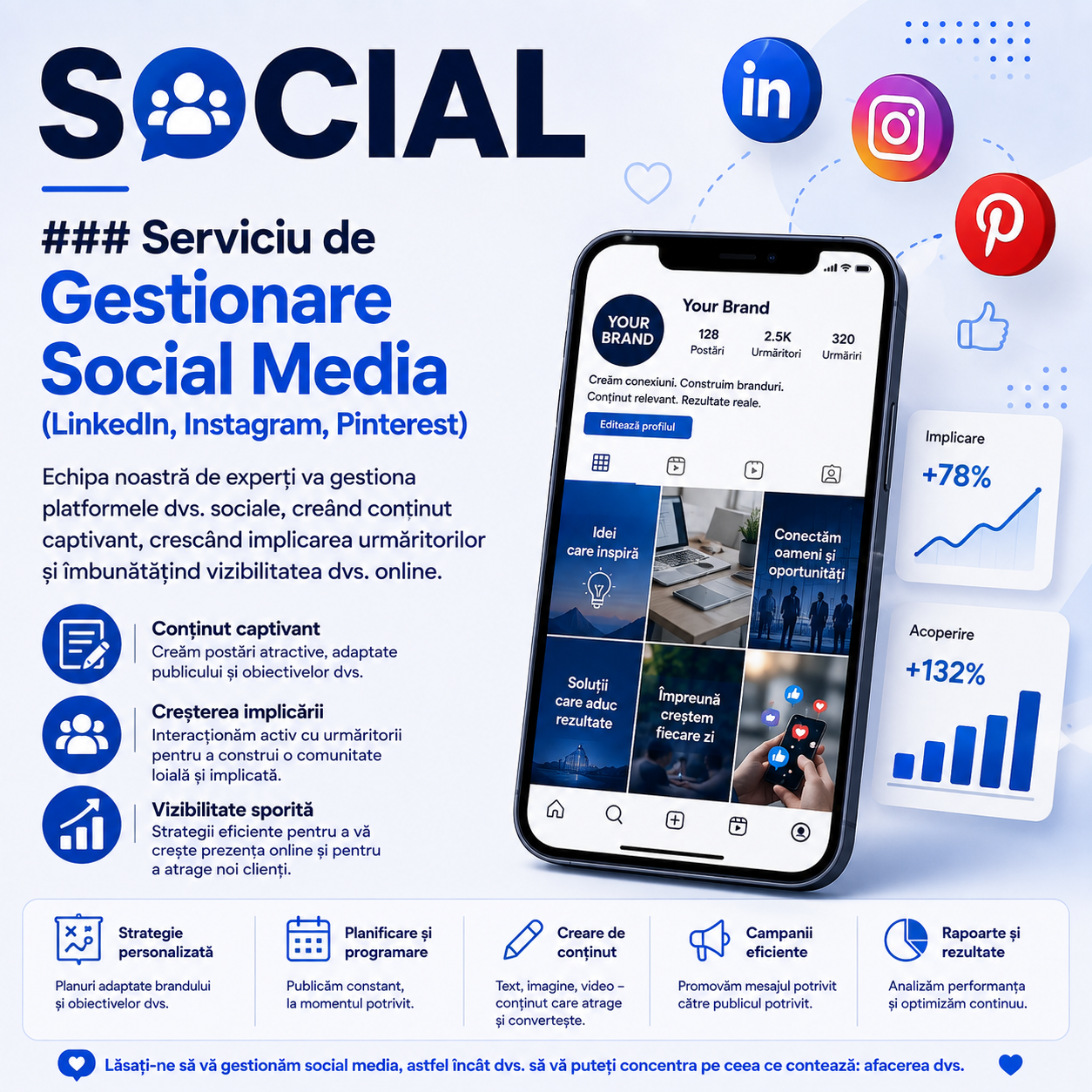 Serviciu de gestionare social media pentru LinkedIn, Instagram și Pinterest, cu creare de conținut captivant, creșterea implicării urmăritorilor și îmbunătățirea vizibilității online.