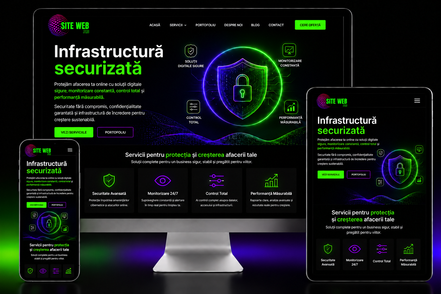infrastructură securizată protecție online monitorizare 24/7 control total performanță măsurabilă solutii digitale securitate website afaceri online